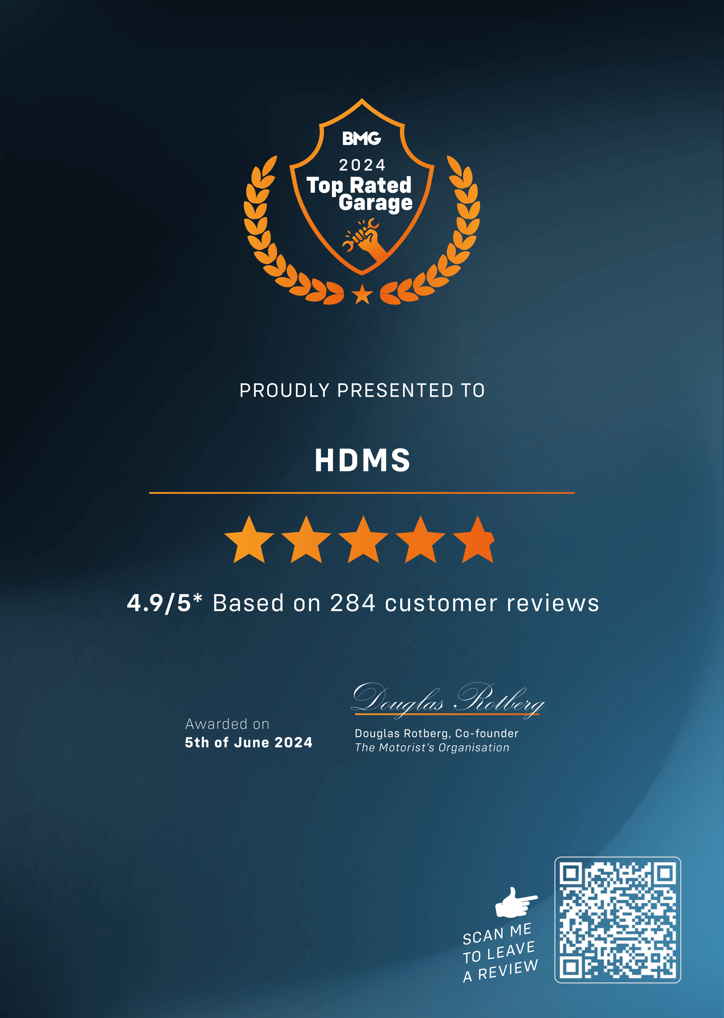 BMG Top Rated Garage 2024 Certificate